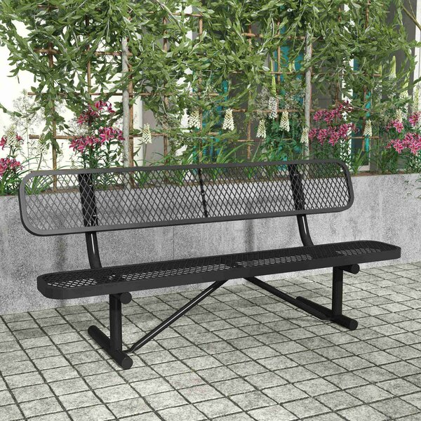 Flash Furniture Sigrid 6' Outdoor Bench w/Backrest, Metal Mesh Seat and Backrest and Steel Frame in Black w/Anchors SLF-AG4HUT2-H48L-BK-GG